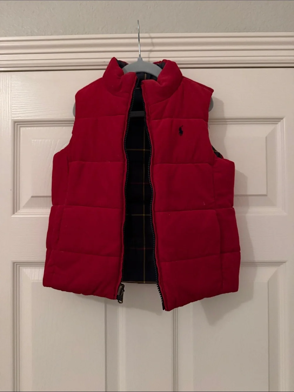Ralph Lauren Navy Plaid Quilted Puffer Vest with Red Lining
